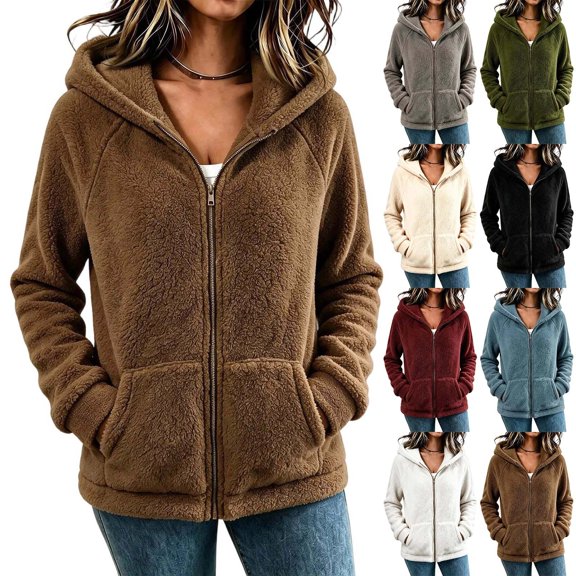 Tqcoqu Women's Sherpa Hooded Jacket, Full Zip Long Sleeve Fall Fleece Coat, Solid Color Winter Fuzzy Teddy Coats,Women's,Size S-XXL