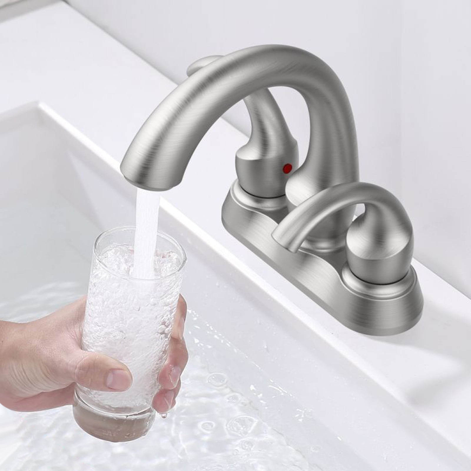 Cobbe 2-Handle Swan Style Bathroom Sink Faucet with Aerator 4-Inch Centerset Vanity Sink with Pop-Up Drain and Supply Hoses Brushed Nickel