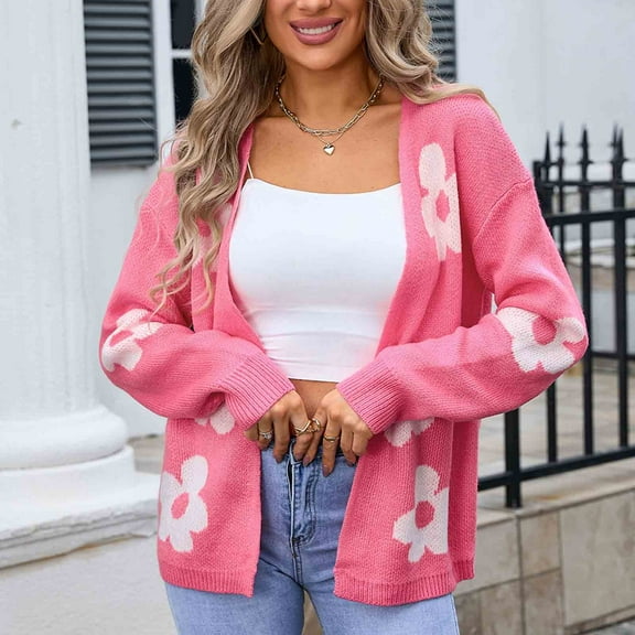 CaiJunJia Sweaters for Women Fall Winter Women's Casual Cardigan Sweaters Flower Lightweight Coat Round Neck Knitted Button Down Cardigans