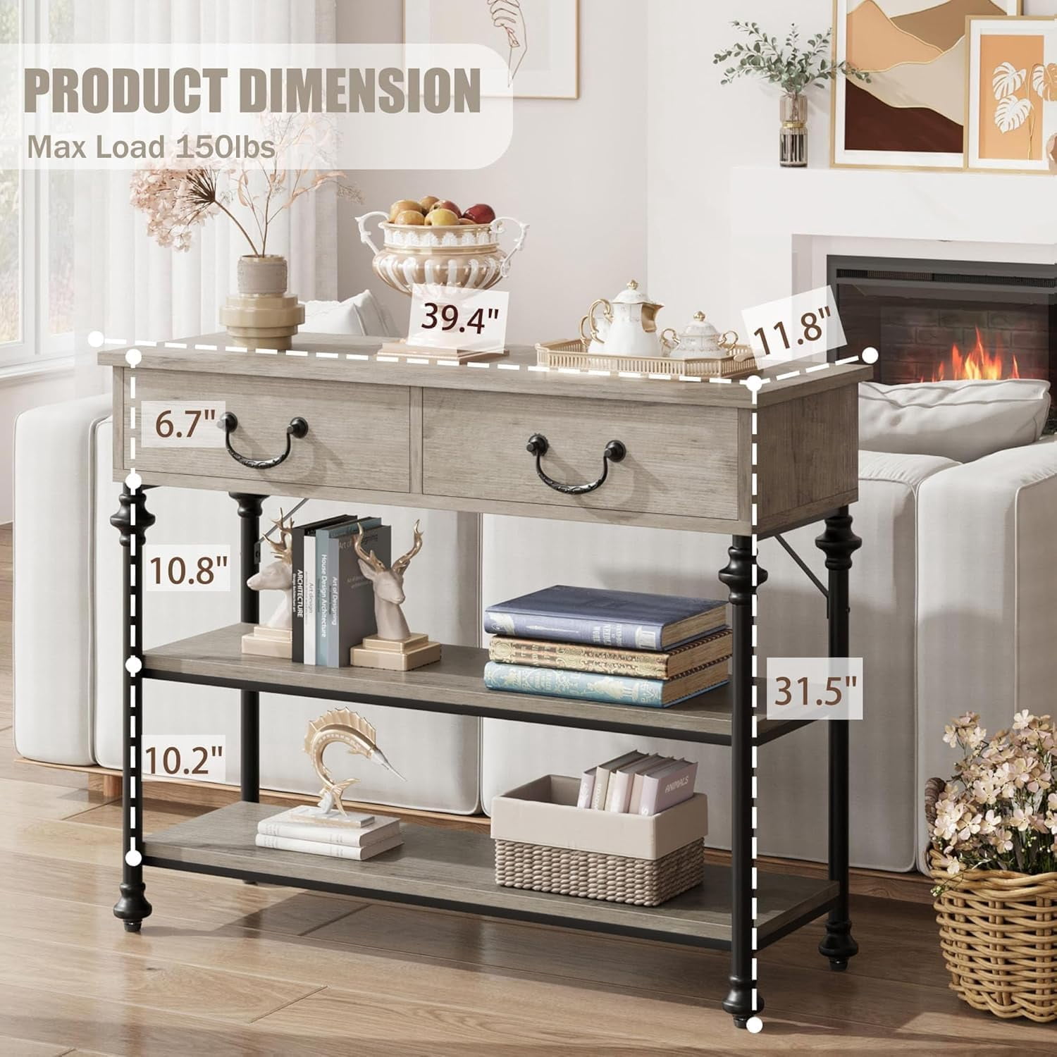 Roman Column Entryway Table, 39'' Farmhouse Sofa Table with 2 Drawers and Storage Shelves, Narrow Console Table for Living Room, Hallway, Foyer, Grey