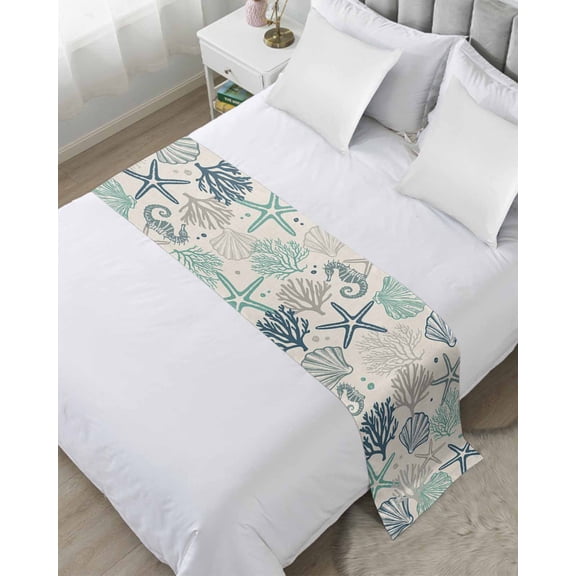 Bed Runner for Cal.King Size, Blue Teal Coastal Decorative Scarf Throws for Foot of Bed, Summer Beach Starfish Coral Nautical Rustic Luxury Bedding Protector Slipcover Bedrunners, 102 x 20 Inch