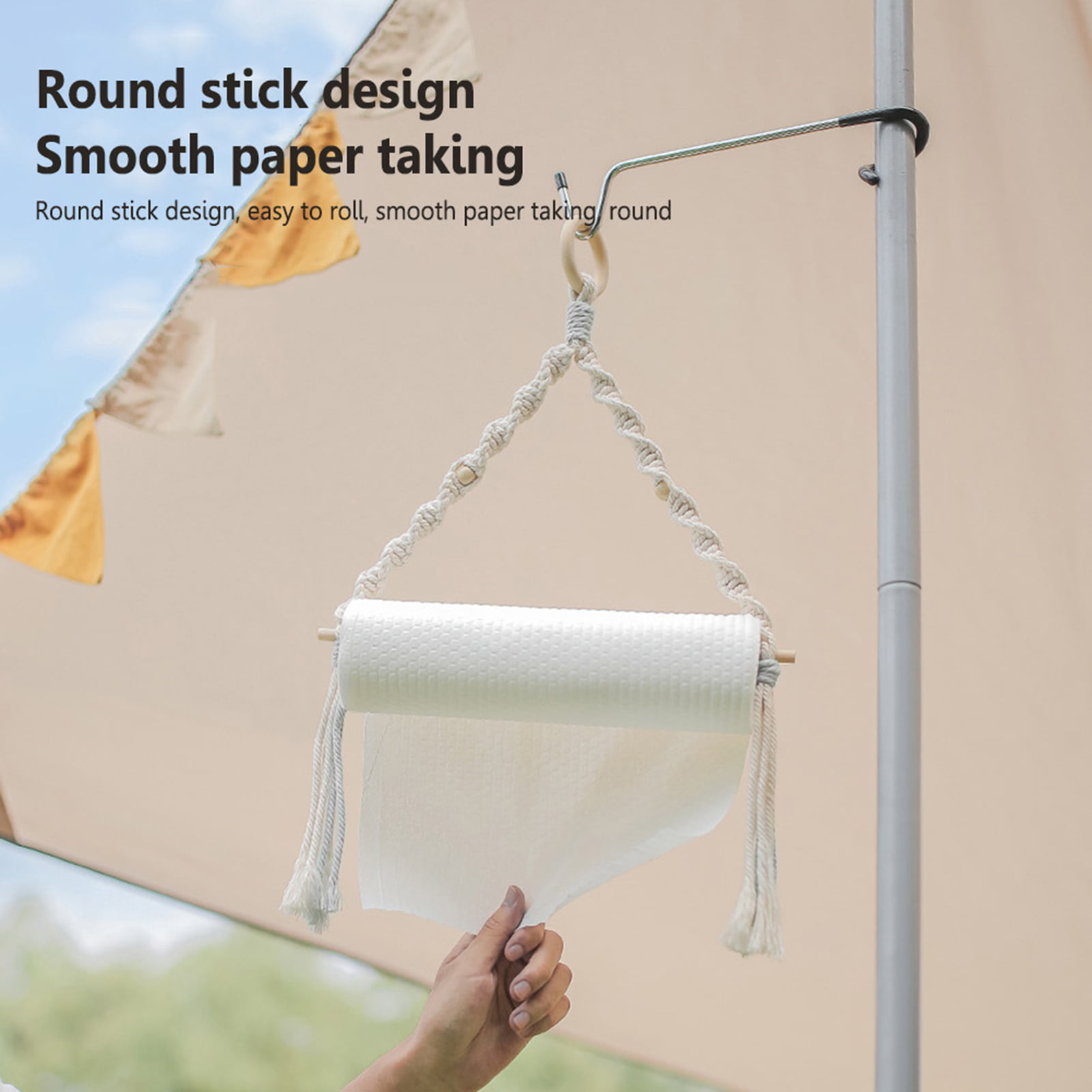 LeKY Paper Roll Holder Macrame Smooth Stick Multipurpose Outdoor Hanging Paper  Towel Holder for Home Camping Beige 