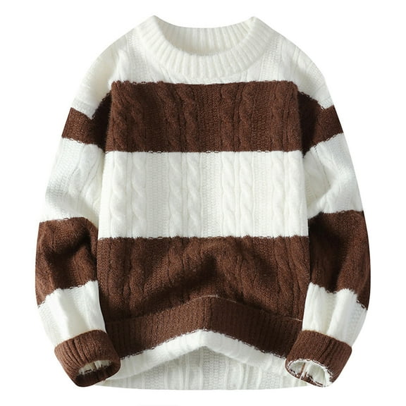 GuangCheng Mens Thick Sweaters, Stripes Kintted Crewneck Pullover Warm Long Sleeve Tops for Fall Winter