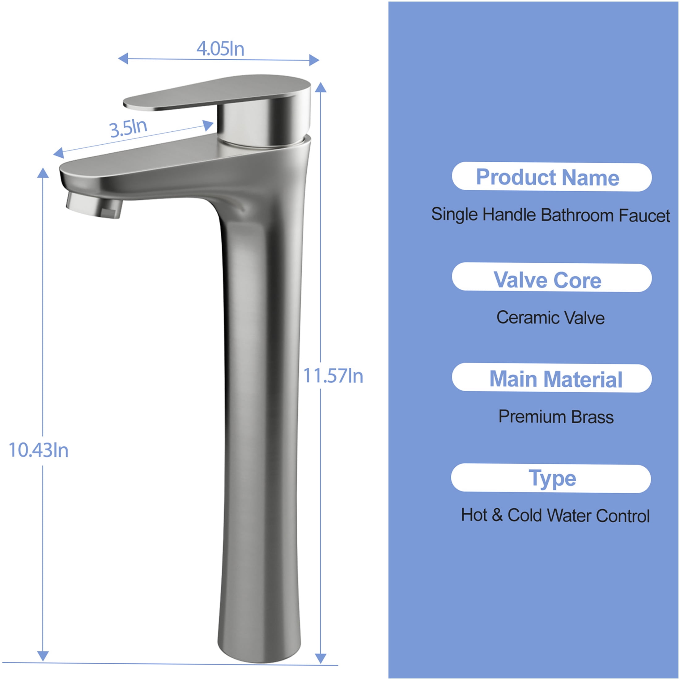 JERFIT Tall Modern Single Handle Vessel Bathroom Sink Faucet, Brushed Nickel Finish, 1-Hole Vanity Faucet with High Arc Spout