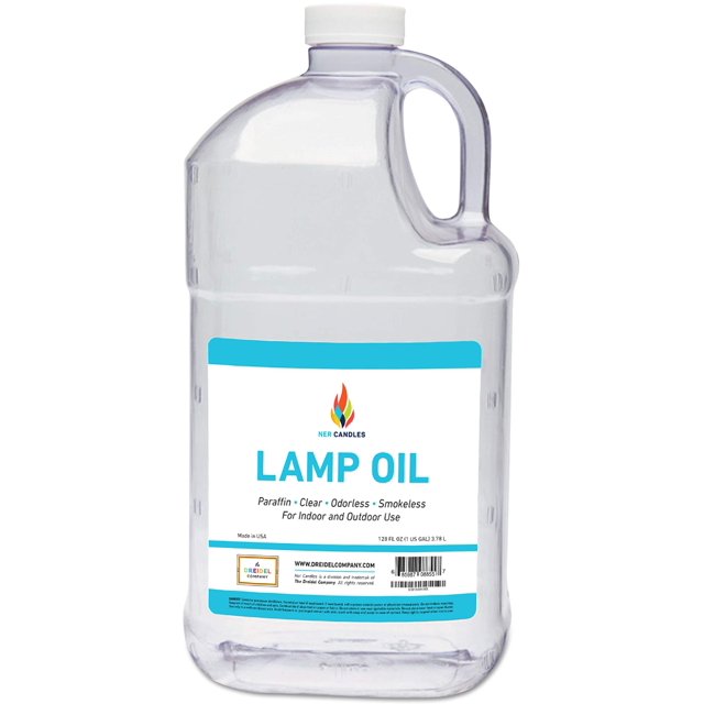 aceite de parafina para lámpara the dreidel company, 3,78 l, sin humo, inodoro — garrafa transparente de 3,78 L con asa y tapa blanca, etiqueta frontal con logo de llama y texto 'LAMP OIL'; para uso en lámparas, linternas y antorchas Tiki en interiores o exteriores, adecuada también como luz de emergencia durante apagones.