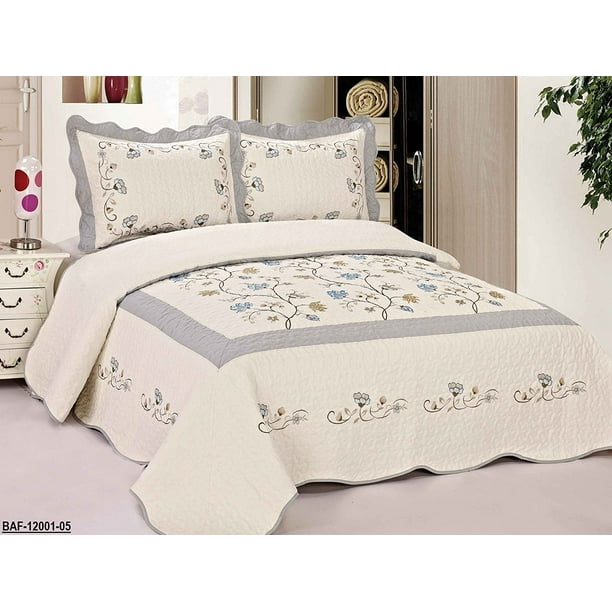 3pcs High Quality Fully Quilted Embroidery Quilts Bedspread Bed