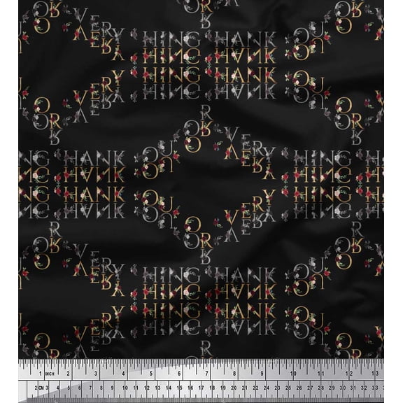 Soimoi Black Poly Georgette Fabric Favor Text Text Print Fabric by the Yard 42 Inch Wide