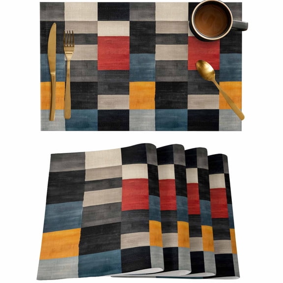 Black Red Color Block Placemats Set of 4,Wipeable Washable Table Mats for Dining Tables,Abstract Geometric Place Mats for Kitchen Event Party Tabletop Decor