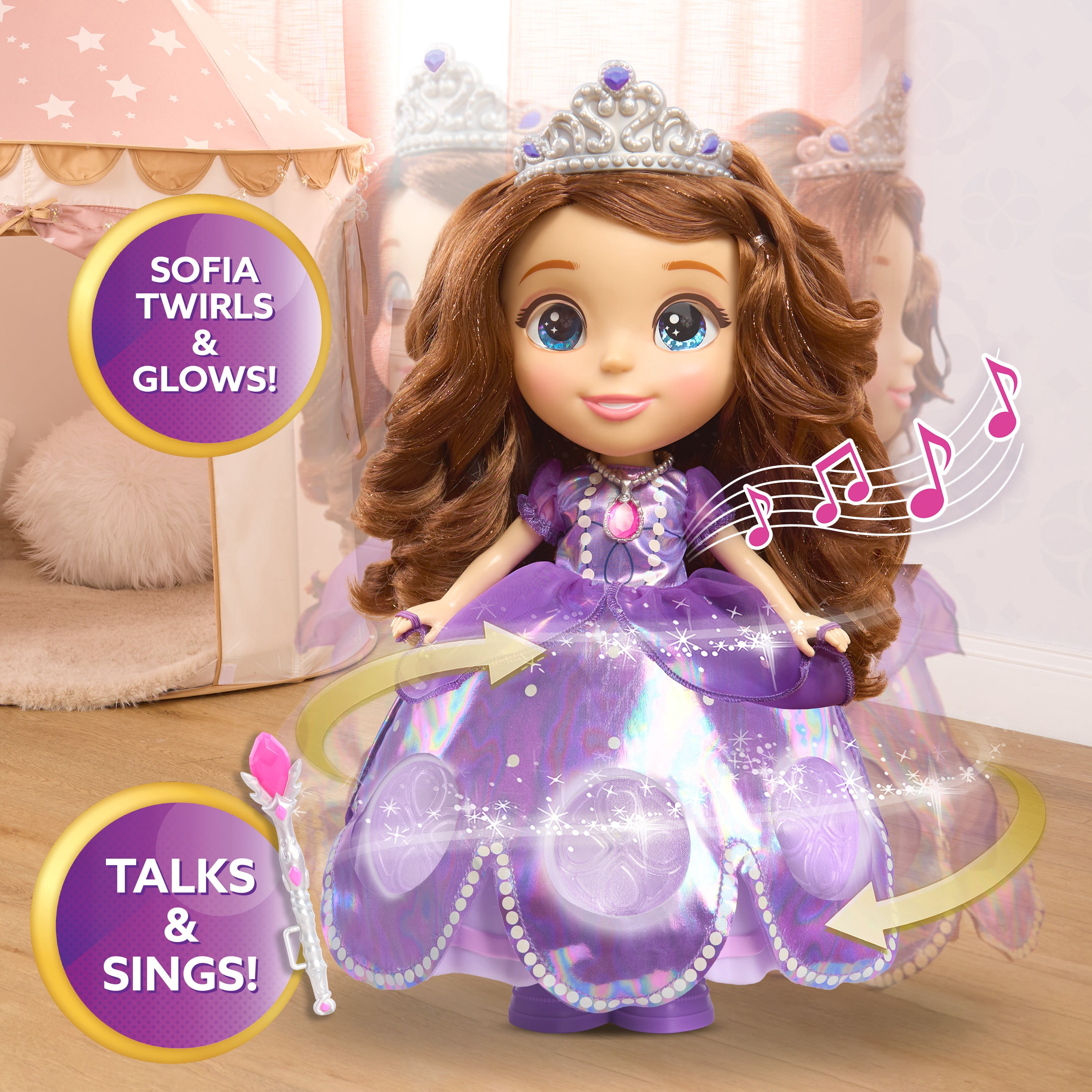 Disney Jr. Sofia the First Swirl & Sing Doll, Light-Up Twirling Princess Doll with Music and Phrases, Ages 3 and Up.