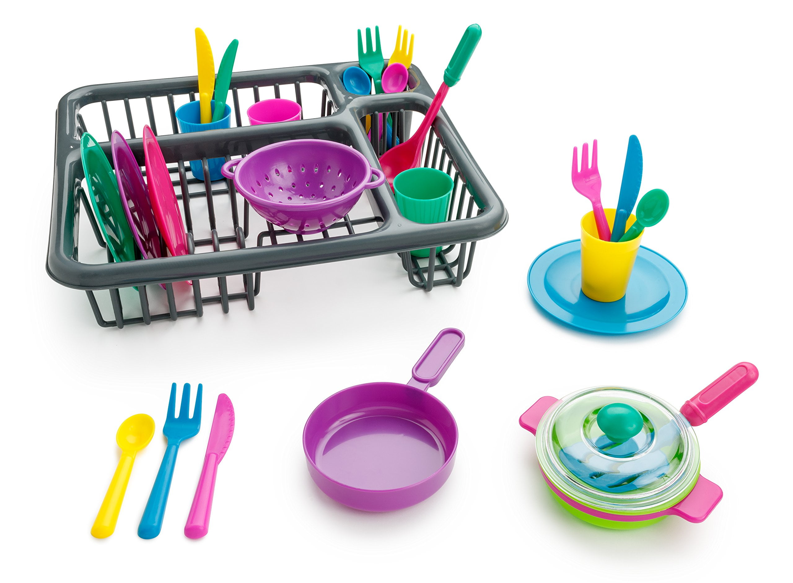 Kids CHildren Dishes and Utensils Playset with Drainer Kitchen Accessory Toy 