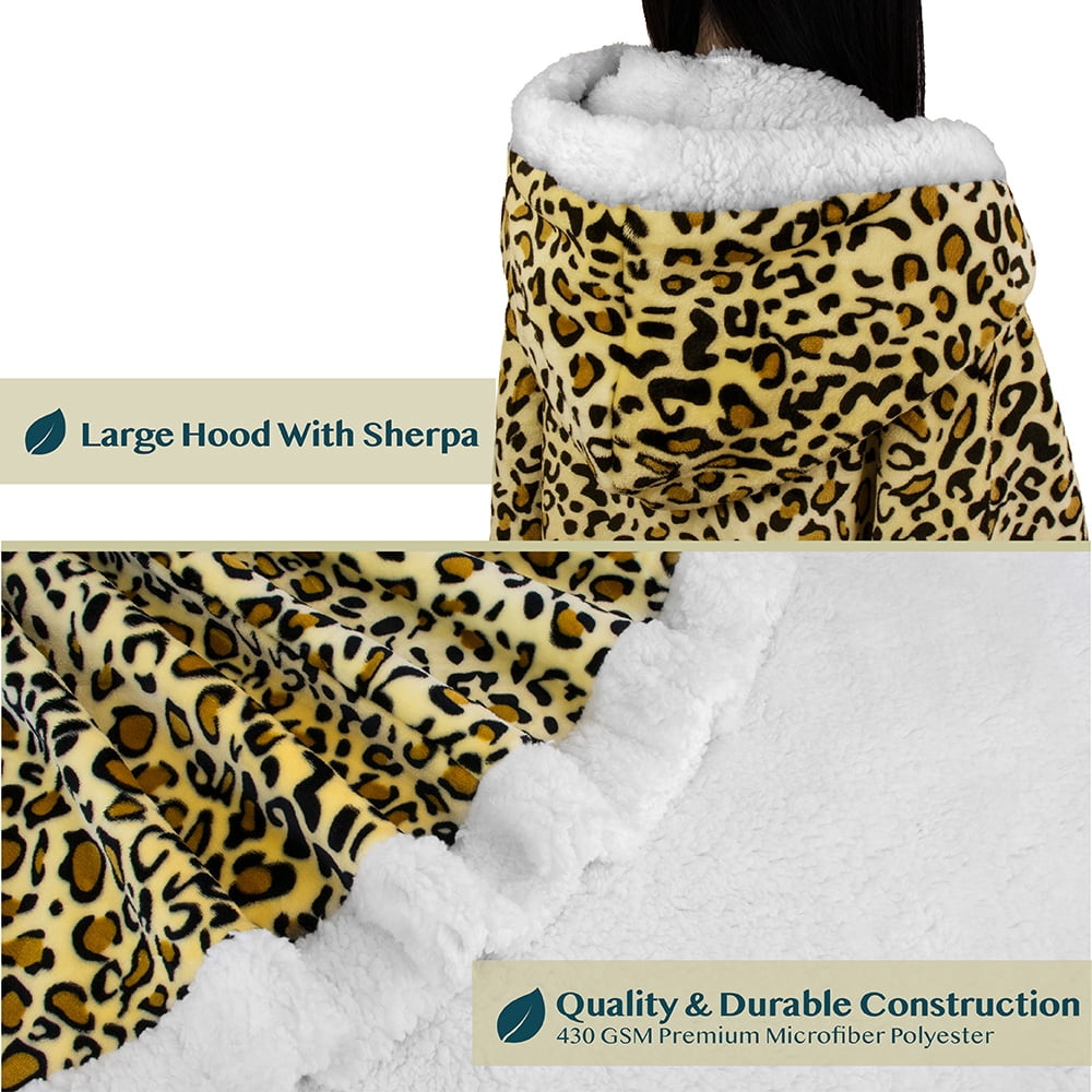 PAVILIA Sherpa Fleece Wearable Blanket for Adult Women, Cozy Plush Blanket Poncho Cape with Hood, Super Soft Shawl, Angel Wrap Throw for Office, Cheetah Yellow