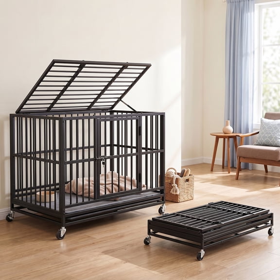 LEDREM Heavy Duty Dog Crate, Foldable Pet Cage with Double Doors and Wheels, 37 x 23 x 28 Inches, Black