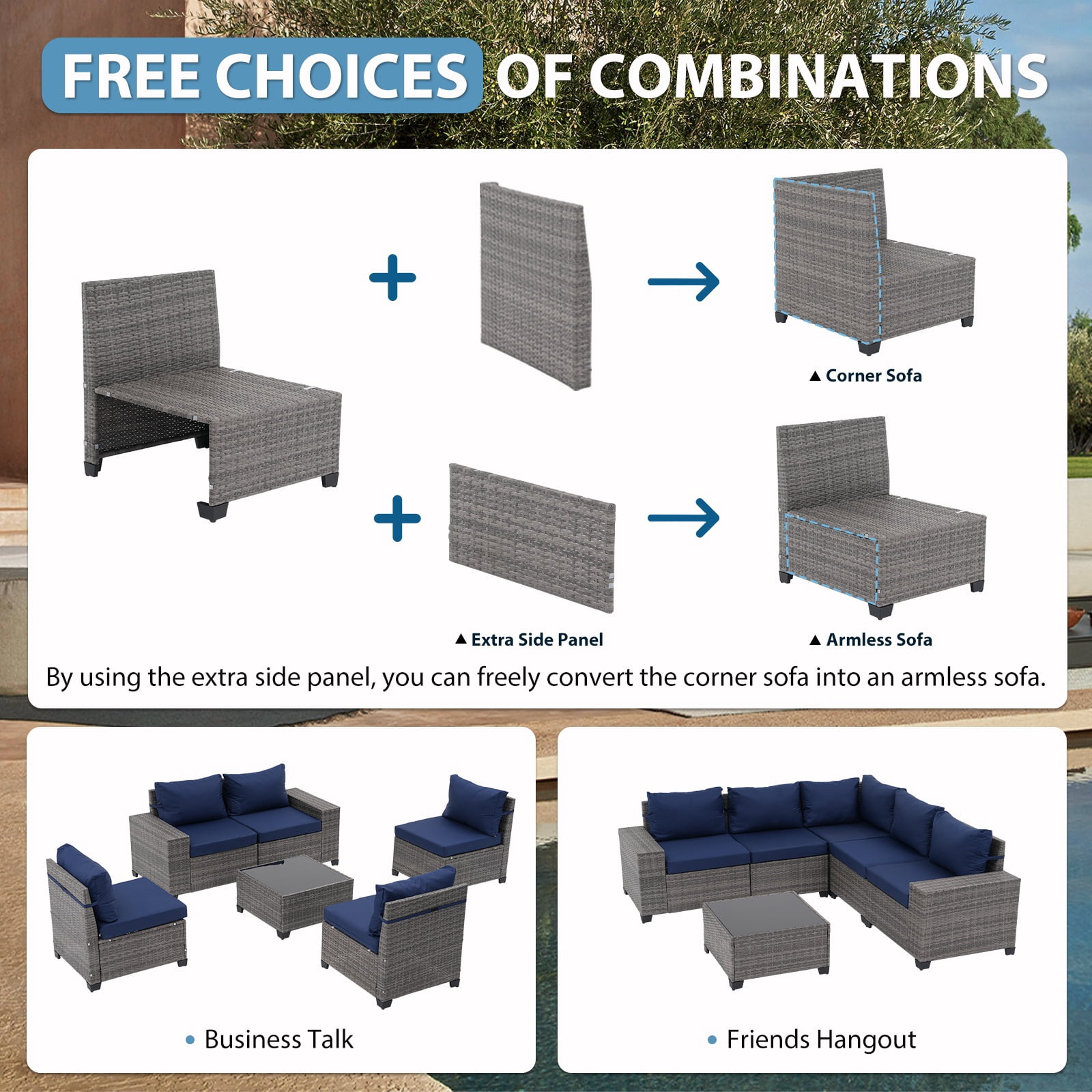 JOIVI 6 Pieces Patio Furniture Set, Wicker Outdoor Conversation Set with Coffee Table, Rattan Sectional Sofa and Table Set with Cushions for Deck, Garden, Porch, Navy Blue