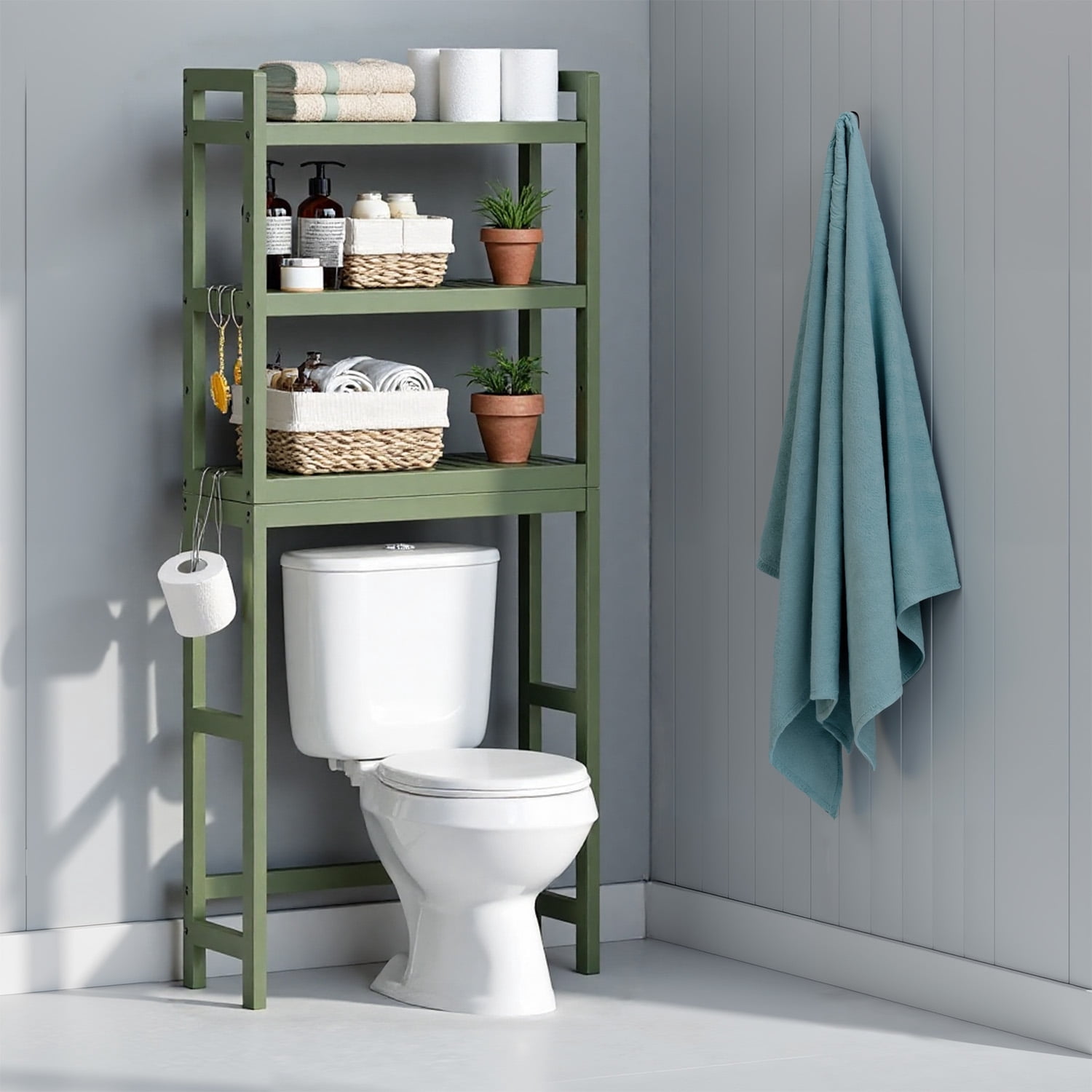 LEDREM Over The Toilet Storage Shelf, 3-Tier Bathroom Organizer Adjustable Saver Space Rack with Toilet Paper Holder, Forest Green