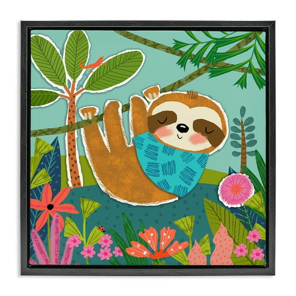 Stupell Industries Sleepy Sloth in Nature Animals Painting Black Floater Framed Canvas Art Print Wall Art, 18 x 18
