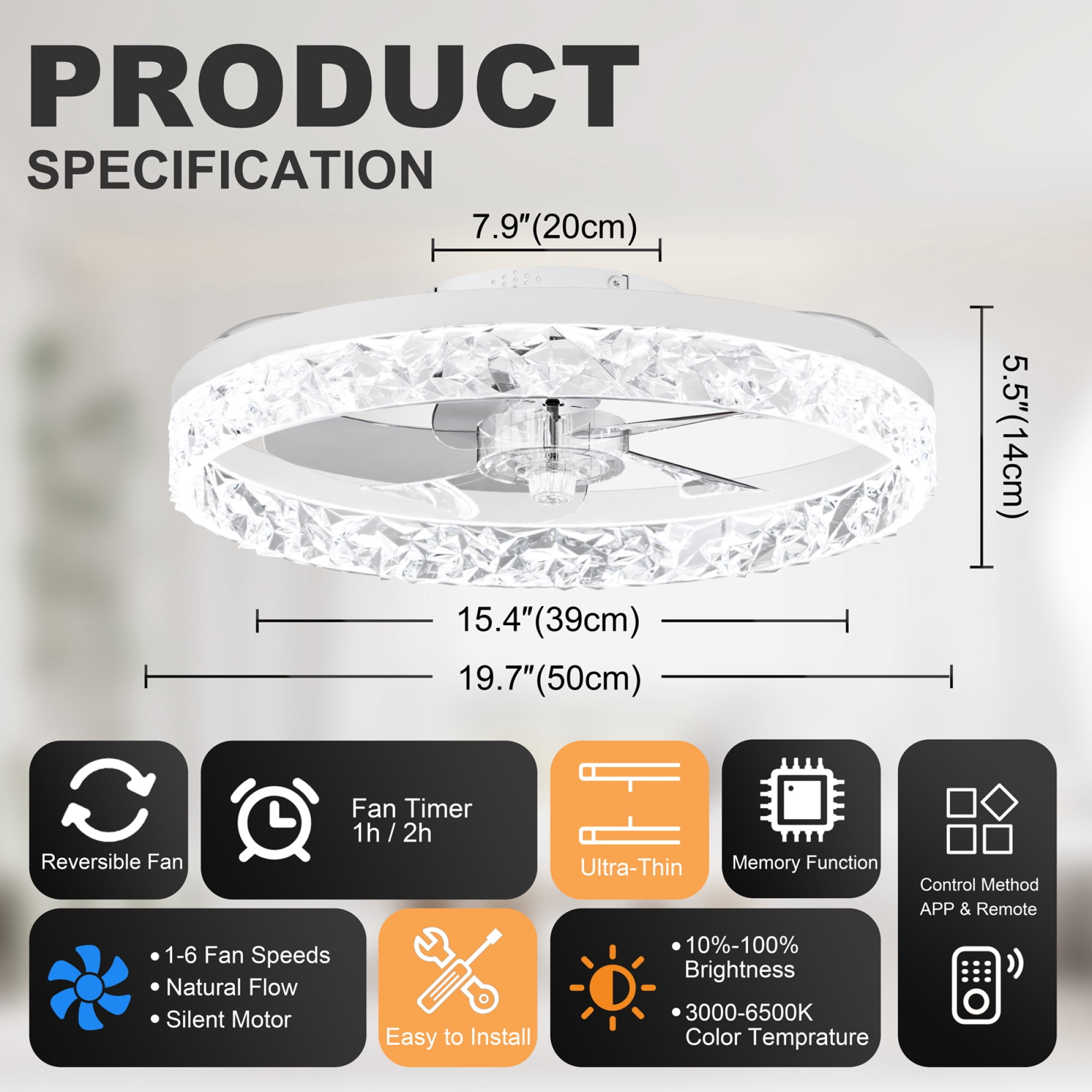 Leumius 19.7" Ceiling Fans with Lights Remote and APP Control, Dimmable 3-Color and 6-Speed quiet DC Motor, Ceiling Fan for Living Room Bedroom White