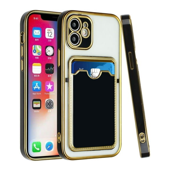 Xpm Compatible with Apple iPhone 13 Pro (6.1") Credit Card Slot Wallet Back Storage Invisible Back Pocket Hard PC TPU Hybrid [ Black ]