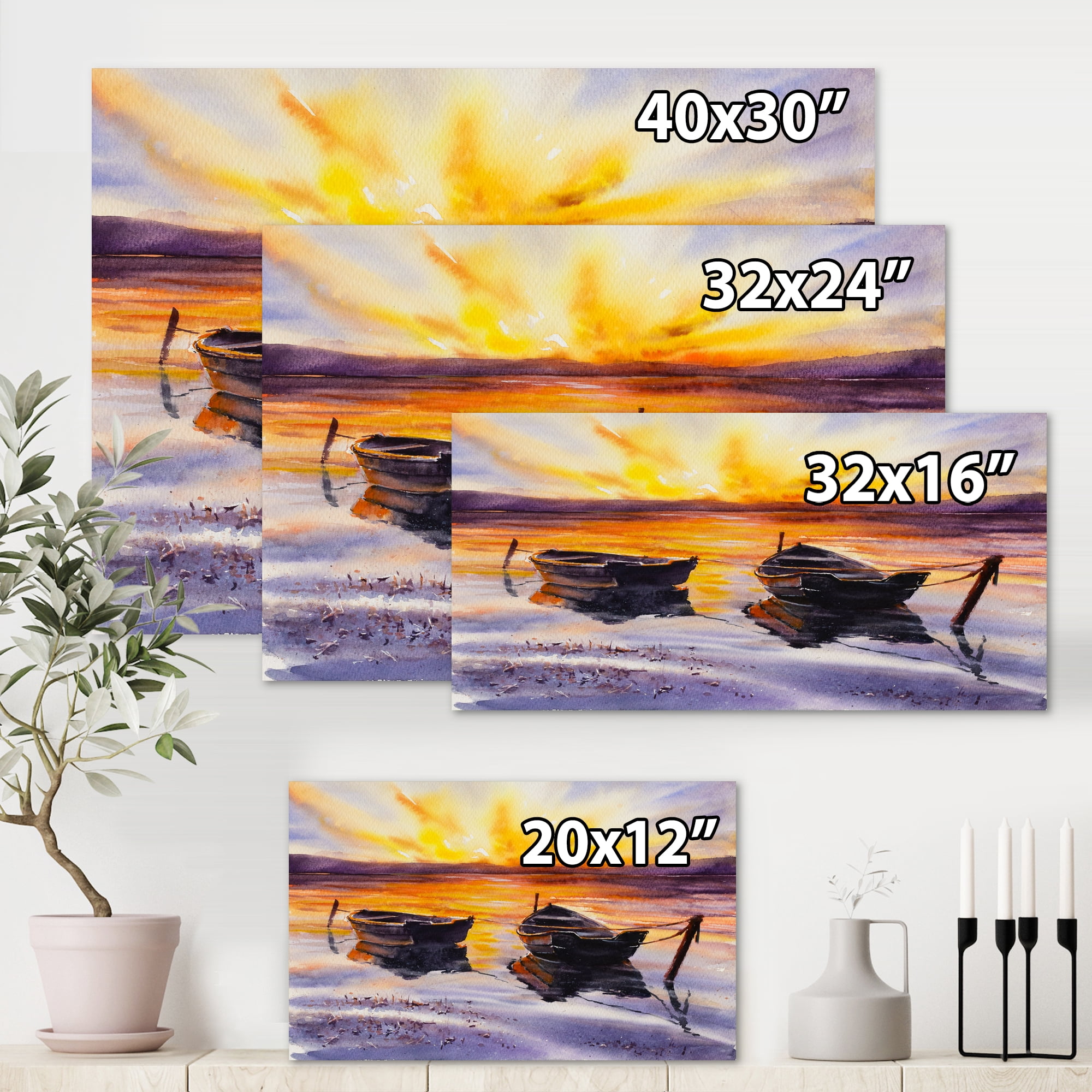 Two Small Boats Parking On The Shore and Sunset 32 in x 24 in Painting Canvas Art Print, by Designart