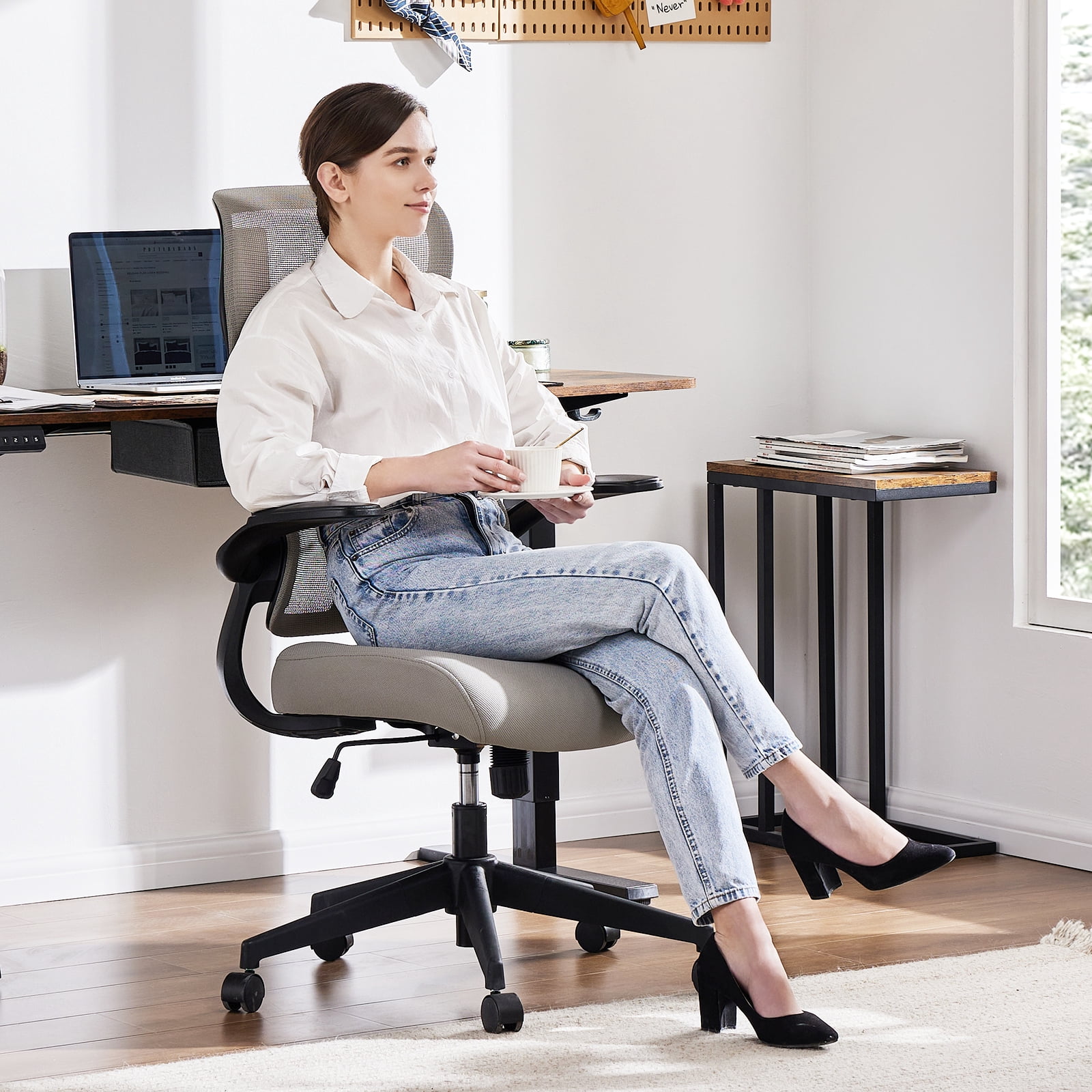 MAYEERTY Ergonomic Office Chair, Comfort Home Office Task Chair, Flip-up Arms and Adjustable Height, Gray