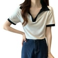 thumbnail image 4 of Women's V Neck Collared Tops Colorblock Casual Trendy Tshirts Blouses Loose Fit Short Sleeve Summer Clothes (XL, White), 4 of 7