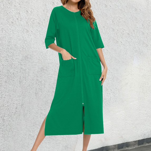 XIAONU Womens Solid Zip Front Pocket Midi Sleepwear Loose Elbow Sleeve Crew Neck Loungewear Soft Minimalist Sleep Nightgowns
