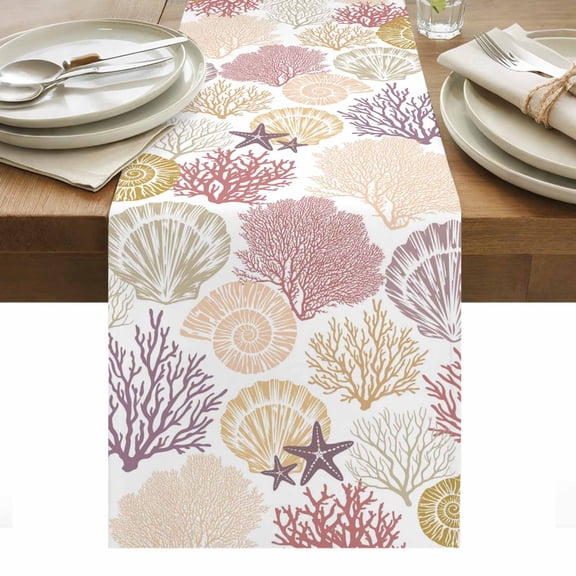 Coastal Coral Table Runner - 120 Inch Long, Kitchen Dining Table Runner Dresser Scarves, Nautical Colorful Conch Seashells Starfish Farmhouse Decor for Coffee Tables Wedding Party Banquet