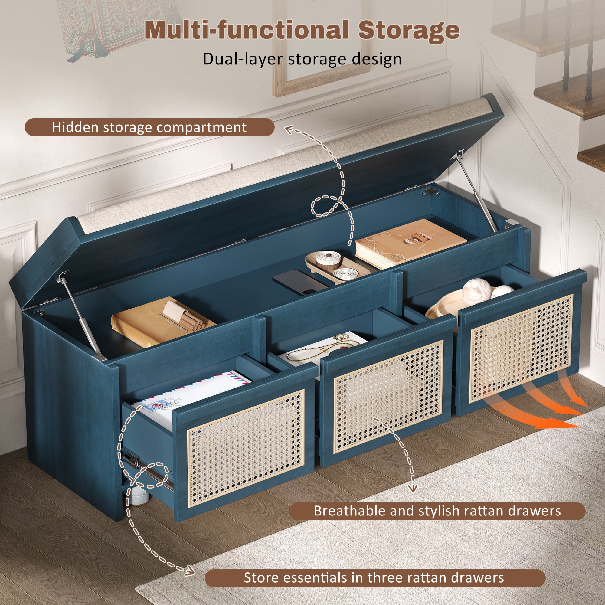 Euroco 48" Shoe Storage Bench, Retro Entryway Bench with 3 Rattan Drawers,Lift Top Storage & Removable Upholstered Cushion,Wooden Shoe Rack Bench for Living Room, Hallway, Foyer,Antique Navy