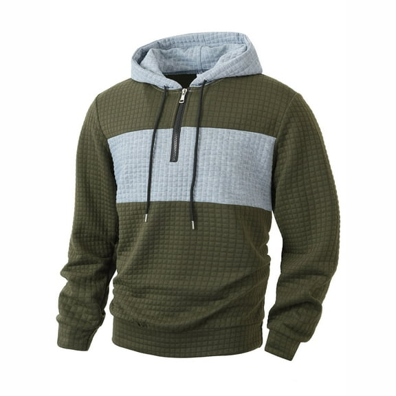 Xzbqbs Hoodies for Men Quarter Zip Up Sweatshirts Long Sleeve Pullover Patchwork Plaid Jacquard Hoodie Casual Drawstring Hoodies