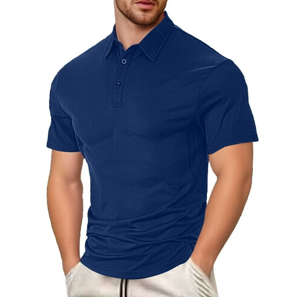 Jersey de manga corta con solapa y botones de color liso para hombre - Poliéster, estilo informal, adecuado para el día a día/fiestas (S-XXXL)