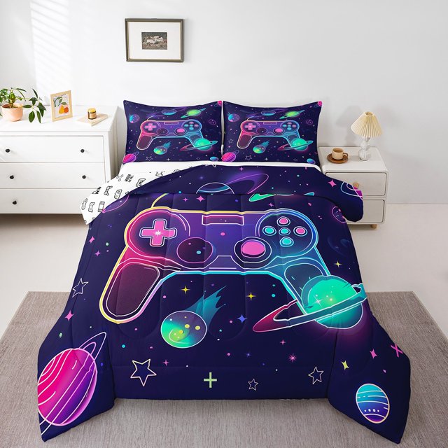 Erosebridal Neon Gradient Gamepad Bedding Twin Comforter Set, Glitter Stars Planets Down Comforter, Gamer Decorative, Reversible 2pcs, Ultra Soft