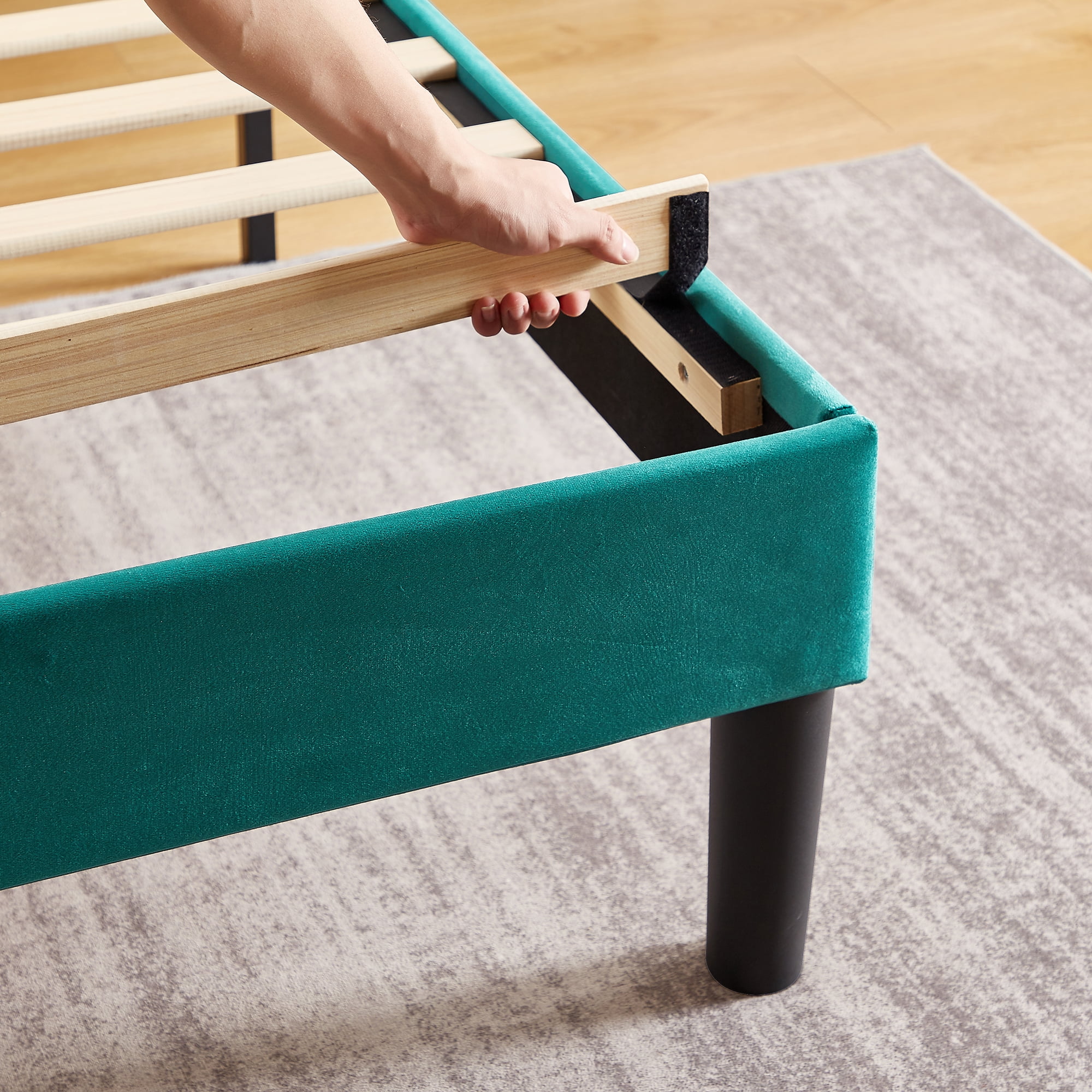 Taomika, Full Size Upholstered Height-adjustable Platform Bed Frame with Wingback Headboard-Dark Green