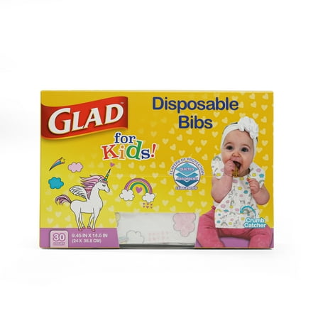 Glad For Kids Unicorn Disposable Bibs with Crumb Catcher, Absorbent and Leakproof, 30 Count