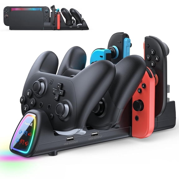 Controller Charging Dock for Nintendo Switch 2/1 for Joycon 2, 10 in 1 Fast Controller Charger Station Stand for Pro Controller 2/1 with 11 RGB Modes, LED Indicator