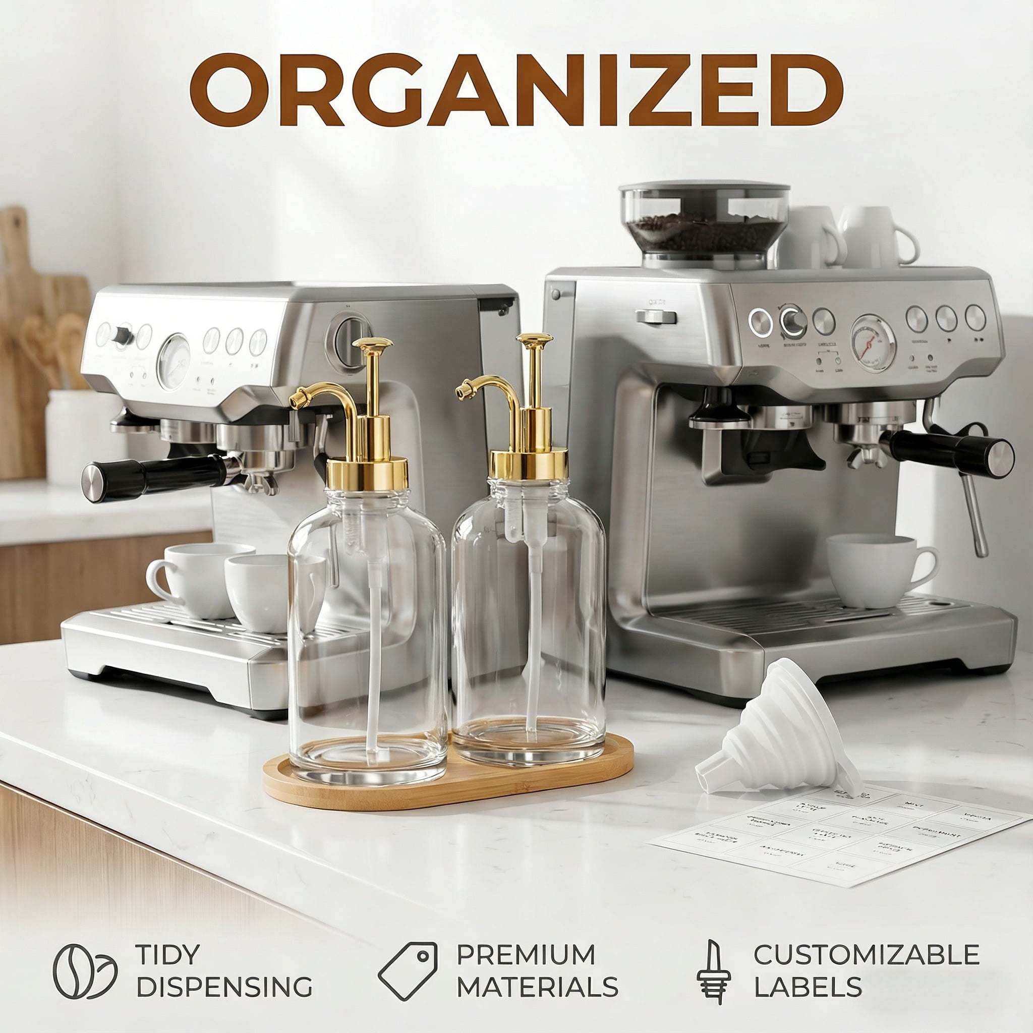 Coffee Bar Accessories, Coffee Syrup Dispenser - 2pack, Bring a Tray16.9oz Syrup Dispenser with Labels,Syrup Pump Dispenser for Coffee Bar(Gold pump)