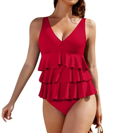 Biziza Basic One Piece Swimsuit for Women 2025 Red Trendy with Built in Bra Ruffled Solid Color Padded Tummy Control Swimsuits Mock Turtleneck Spandex Ruffle Bathing Suits