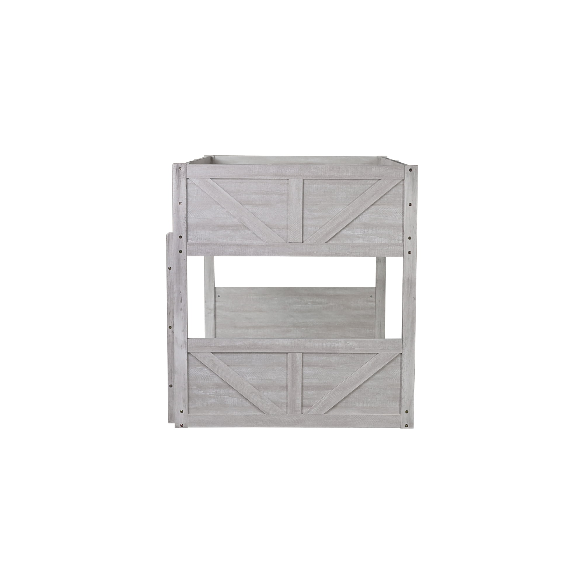 Leumius Twin over Twin Floor Bunk Bed with Panelled Headboard and Footboard, Solid Rubber Wood Foundation with Safety Guardrails and Ladder for Boys Girls Antique White