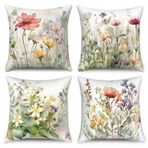 SUNOLIFE Spring Floral Throw Pillow Covers Set of 4,Watercolor Flower Pillowcase for Home Decor,18x18 In