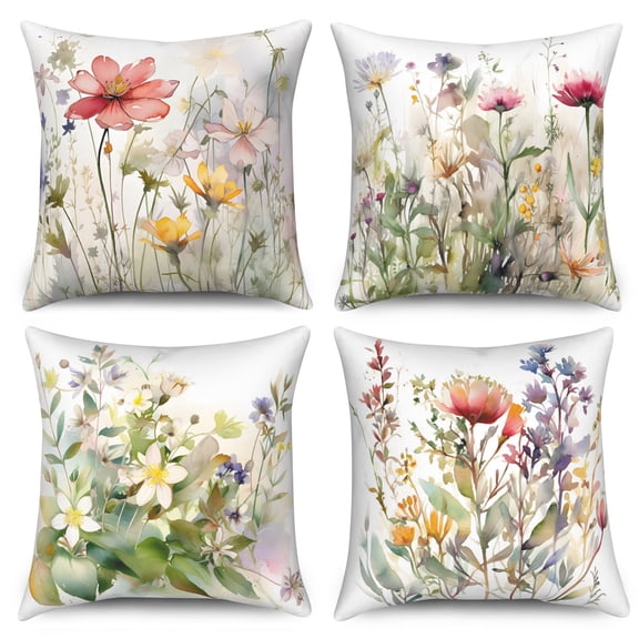 SUNOLIFE Spring Floral Throw Pillow Covers Set of 4,Watercolor Flower Pillowcase for Home Decor,18x18 In