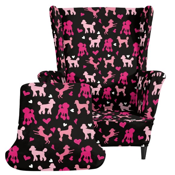 HELLHERO Poodle Silhouette Love Polyester Wingback Chair Slipcover with Breathable, Non-slip Wingback Chair Cover for Living Room Bedroom