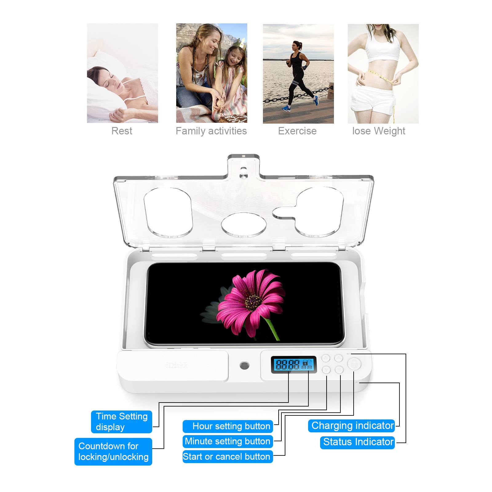 iDiskk Timer Phone Locker ホワイト iDiskk Phone Lock Box with Timer, iPhone timed Box for