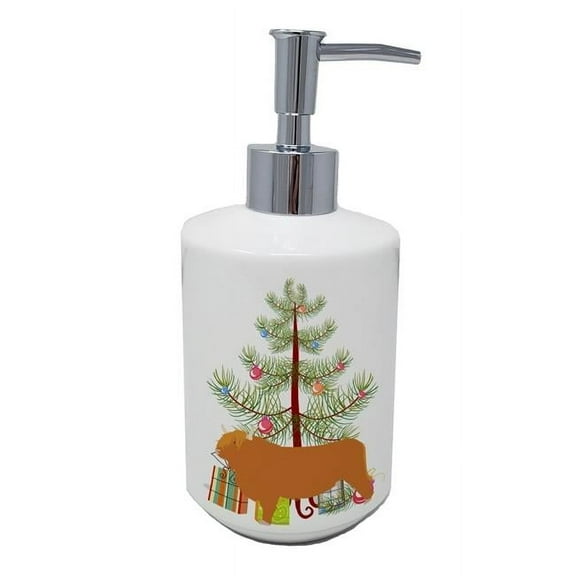 7 x 3.5 in. Unisex Highland Cow Christmas Ceramic Soap Dispenser, Teal