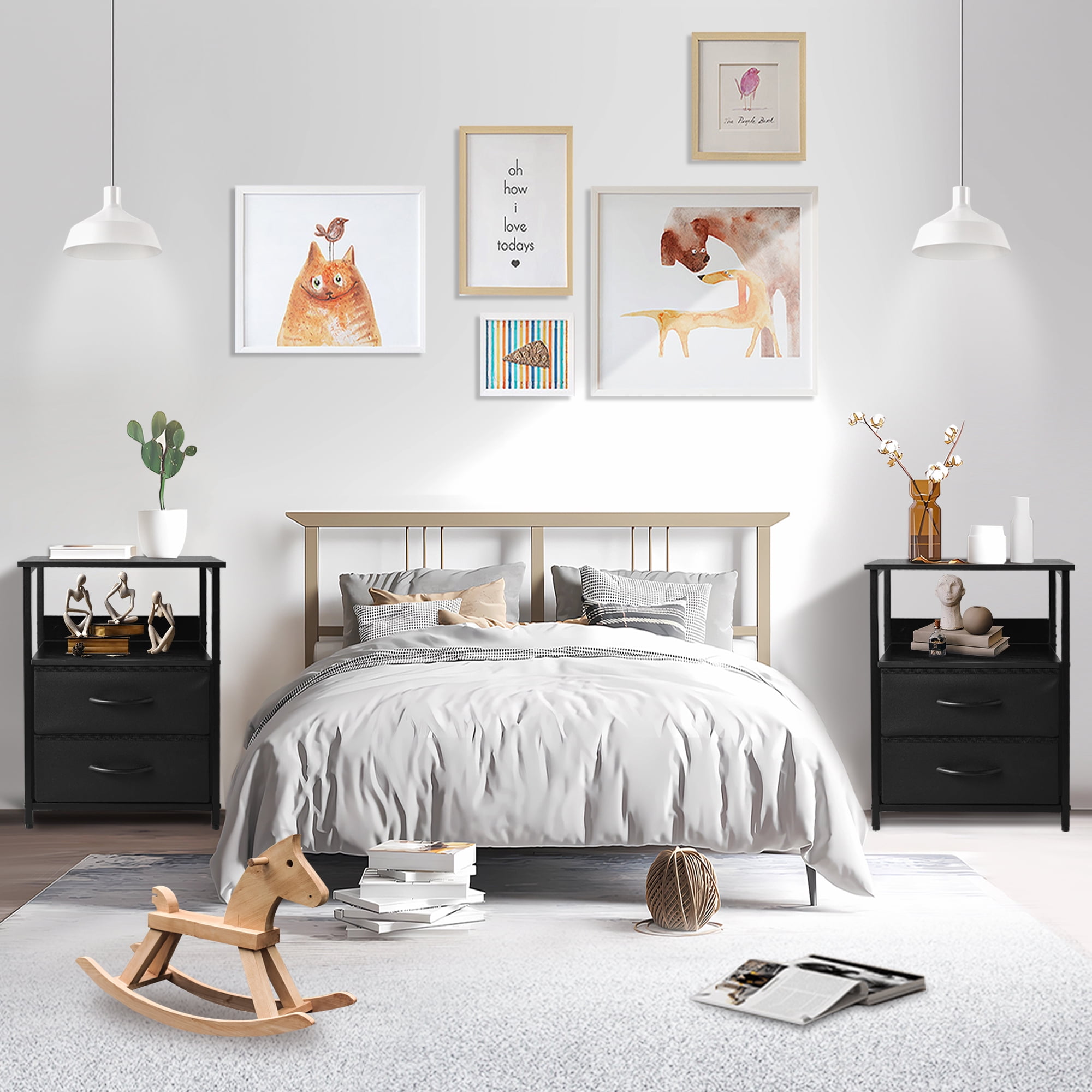 OUTMASTER Black Nightstand with 2 Drawers,Sturdy Bedside Table for Bedroom,Classic Bedroom Side Table