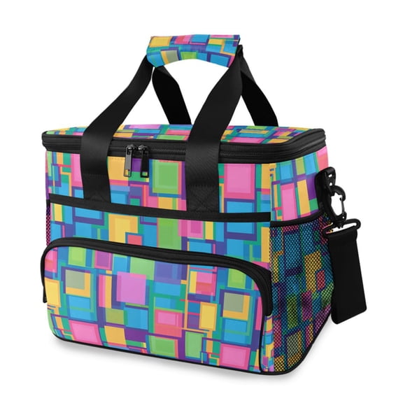 FORMRS Insulated Cooler Bag 24 Cans Capacity Soft Leakproof Lunch Box with Side Pockets, Colorful Geometric Pattern