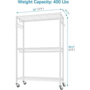 VIPEK R2 Plus Heavy Duty Rolling Garment Rack, 3-Tier Mobile Clothes Rack with Double Hanging Rods & Side Hooks, Adjustable Freestanding Wardrobe Storage, White