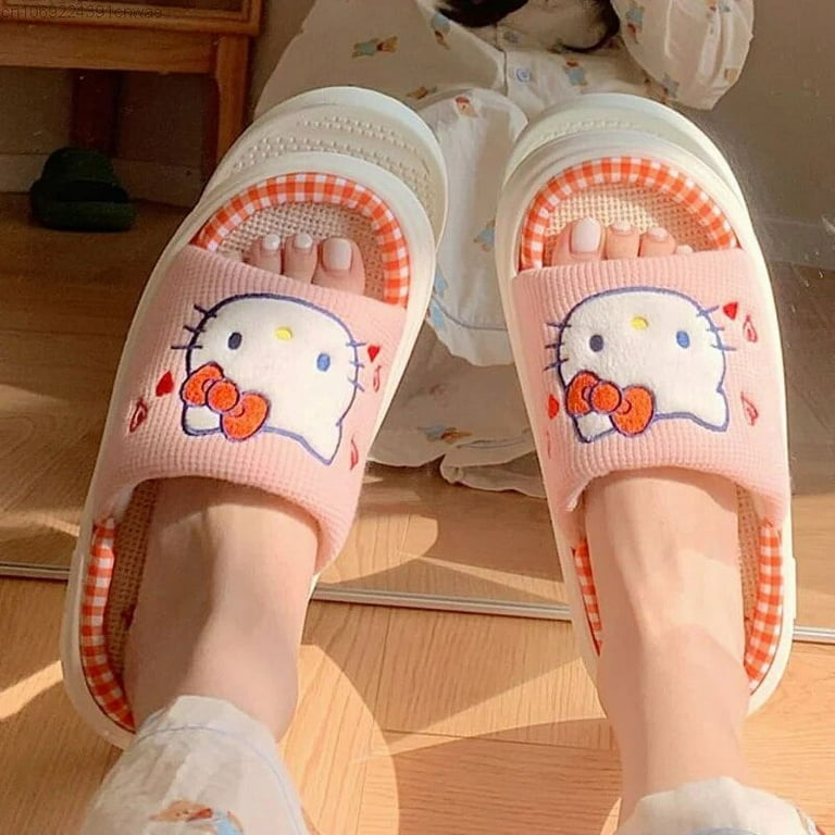 Sanrio Hello Kitty Slippers Women Sandalias Breathable Cotton Linen Home  Shoes Y2k New Slippers Kawaii Cartoon Fashion Sandals 