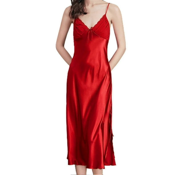 Women's Satin Silk Nightdress Spaghetti Sling Strap Sleeveless Nightgowns With Lace