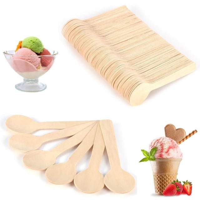 WALFRONT - Juego de 100 cucharas de madera desechables para cocina, minicucharas de 10 cm para helado, postre, té, cubiertos de madera natural