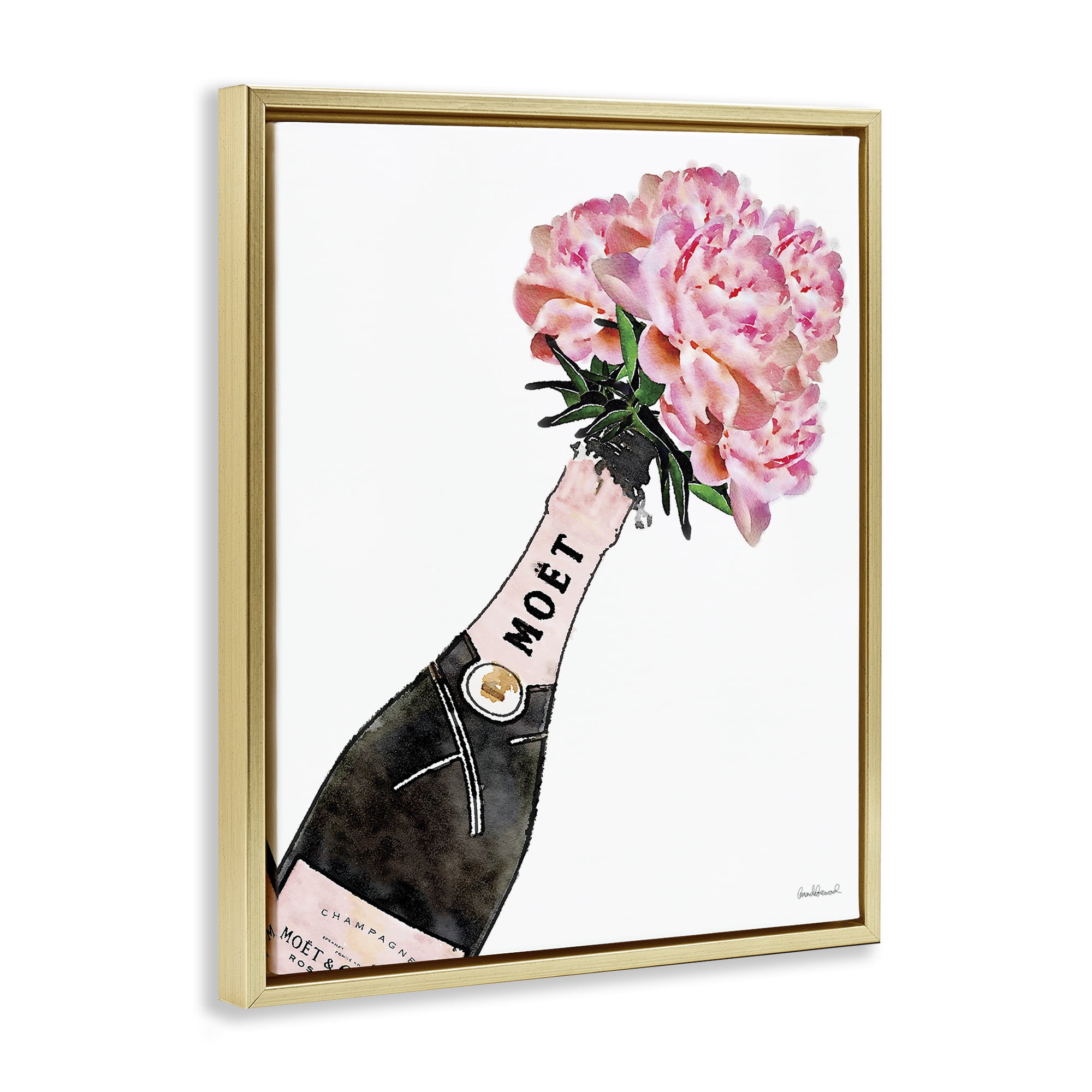 Stupell Industries Pink Champagne Bouquet Botanical & Floral Painting Gold Floater Framed Art Print Wall Art, 25 x 31