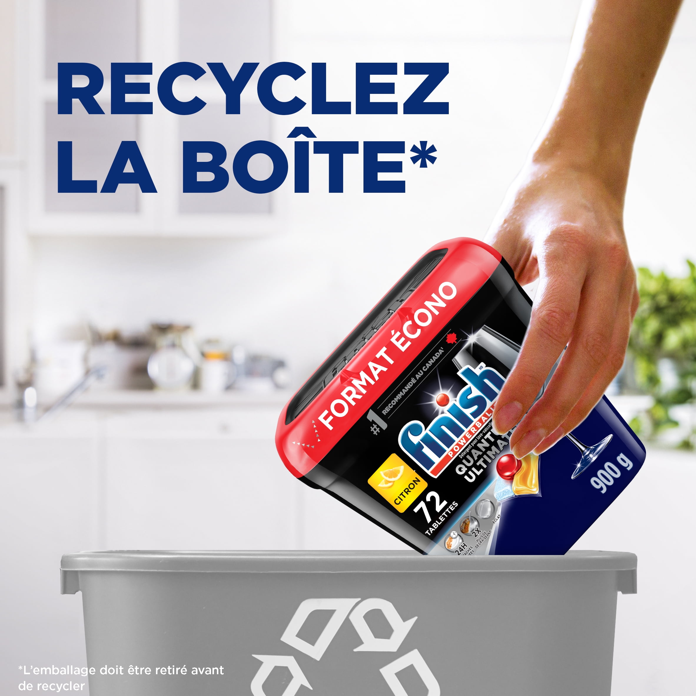 Finish® Quantum Ultimate® Lemon Lessive en dosettes pour lave-vaisselle, pas besoin de pré-sinse, pour un nettoyage en profondeur et une brillance étincelante, 72 comprimés