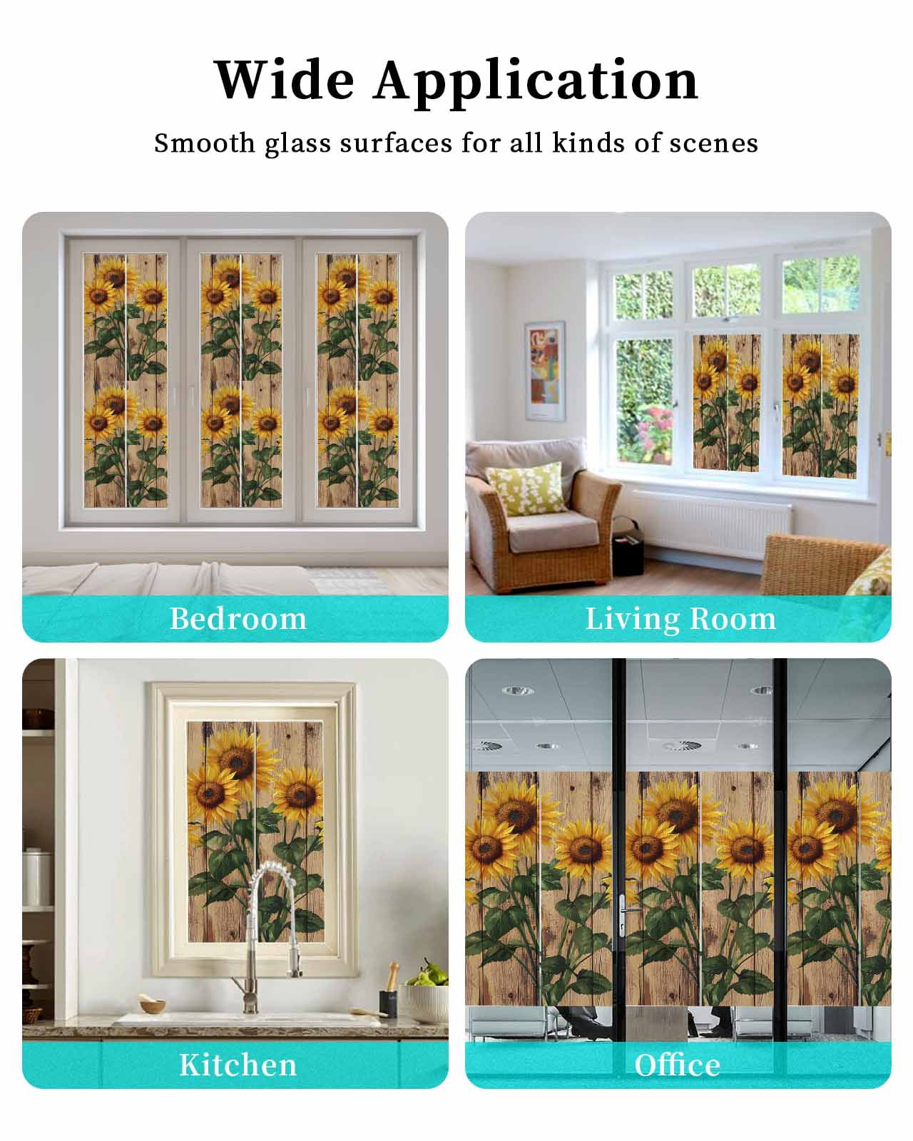 Window Privacy Film Vintage Sunflower Stained Glass Window Film Decorative Sun Block Window Cover Farmhouse Vintage Wooden Floral Window Clings Static Adhesive Sticker for Bathroom 23.6"x59"